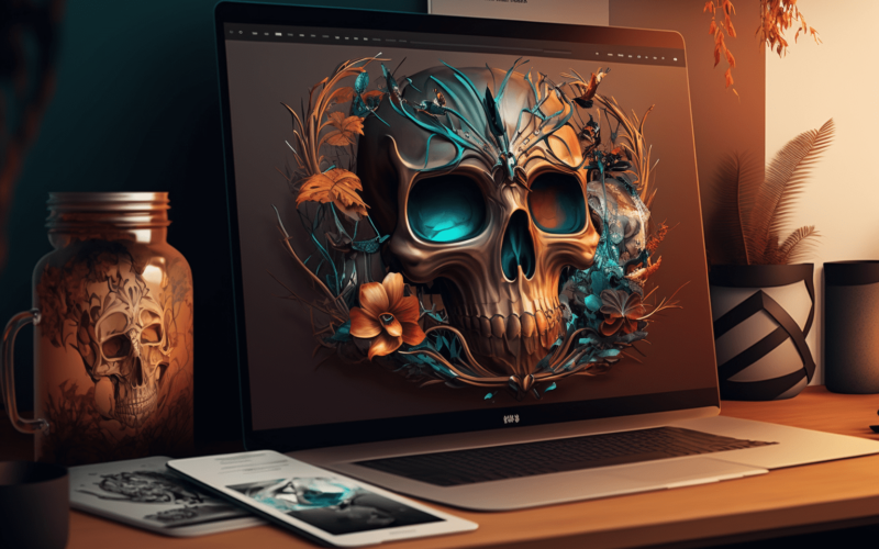 digital art skulls coming out of a laptop