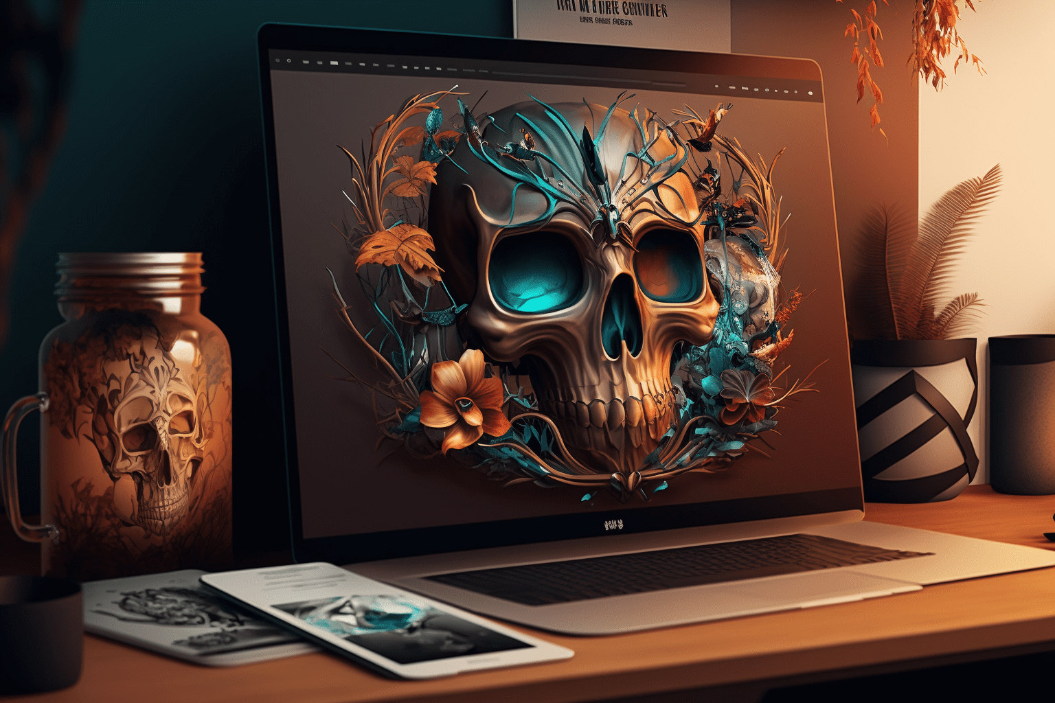 digital art skulls coming out of a laptop