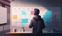man looking at a huge container on his wall doing content planning