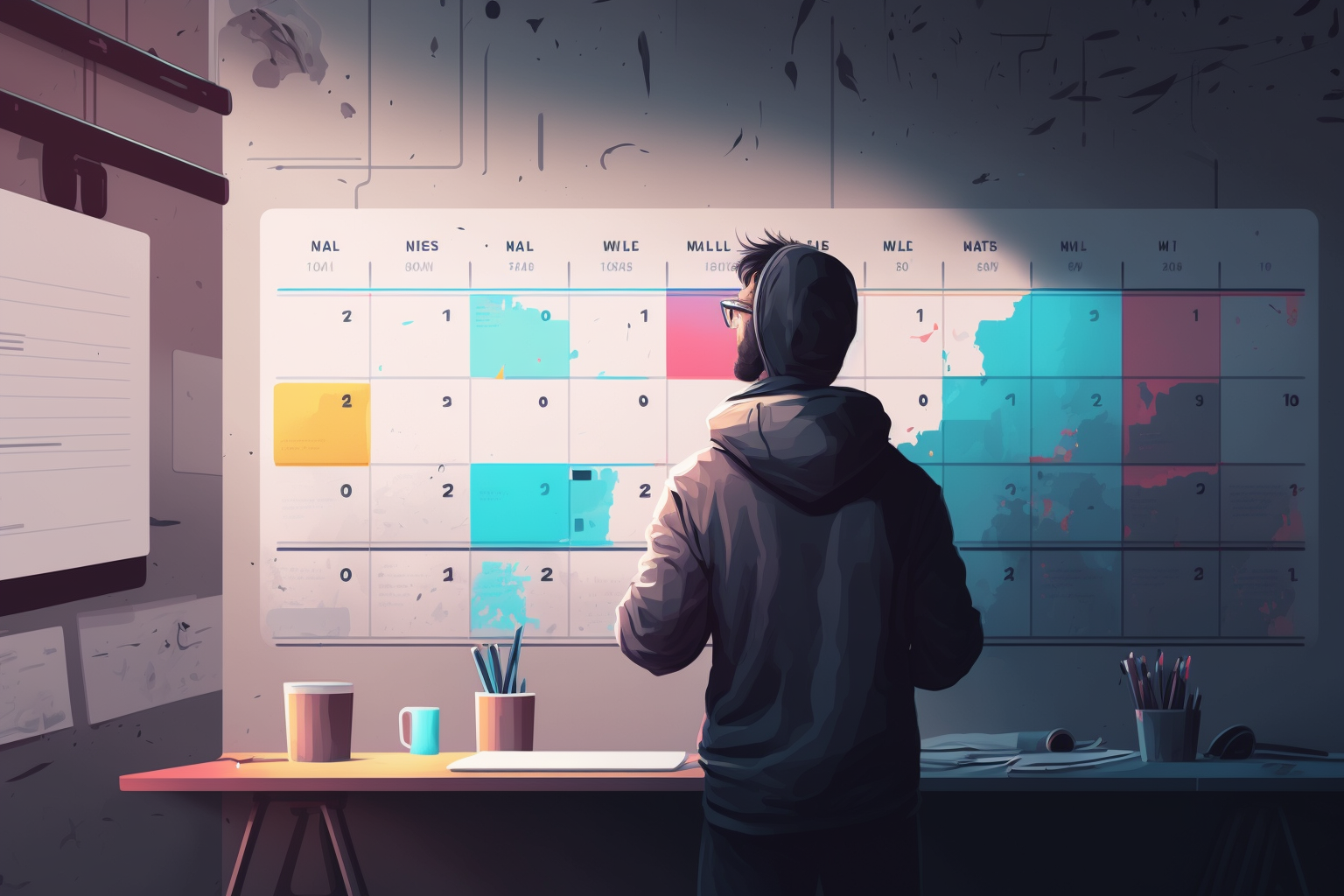 man looking at a huge container on his wall doing content planning